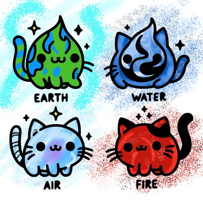 4 cats that represent the different elements, earth, water, air, and fire
