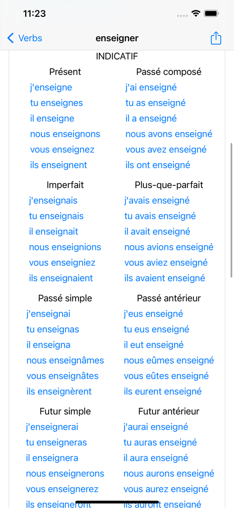 Conjugaison Française - Tabla de conjugación del verbo francés enseigner mostrando varios tiempos del indicativo