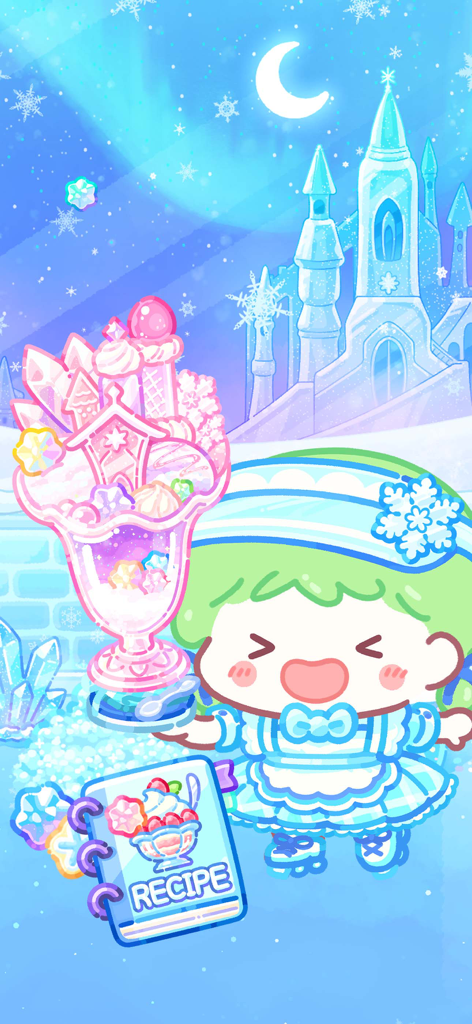 Lulu holding a large pink frozen dessert in a snowy ice castle setting with a recipe book in the foreground