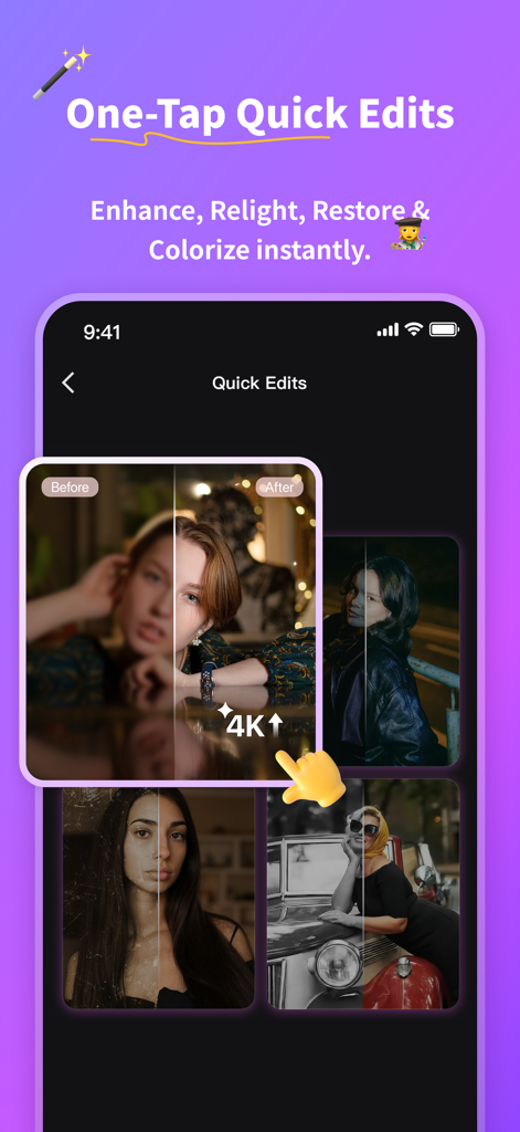 AniEraser app interface showcasing AI-powered one-tap photo enhancement restoration and colorization features