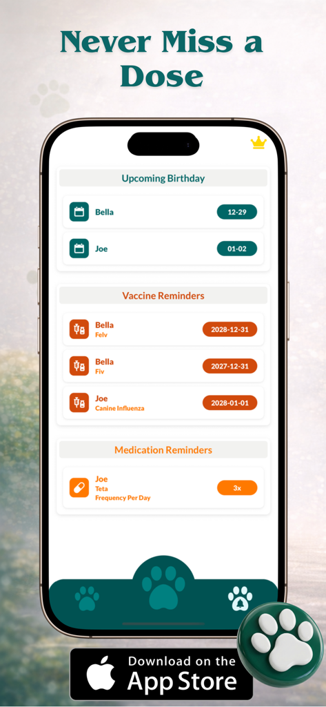Vet Record - pet health track - Mobile app screen showing pet vaccination and medication reminders