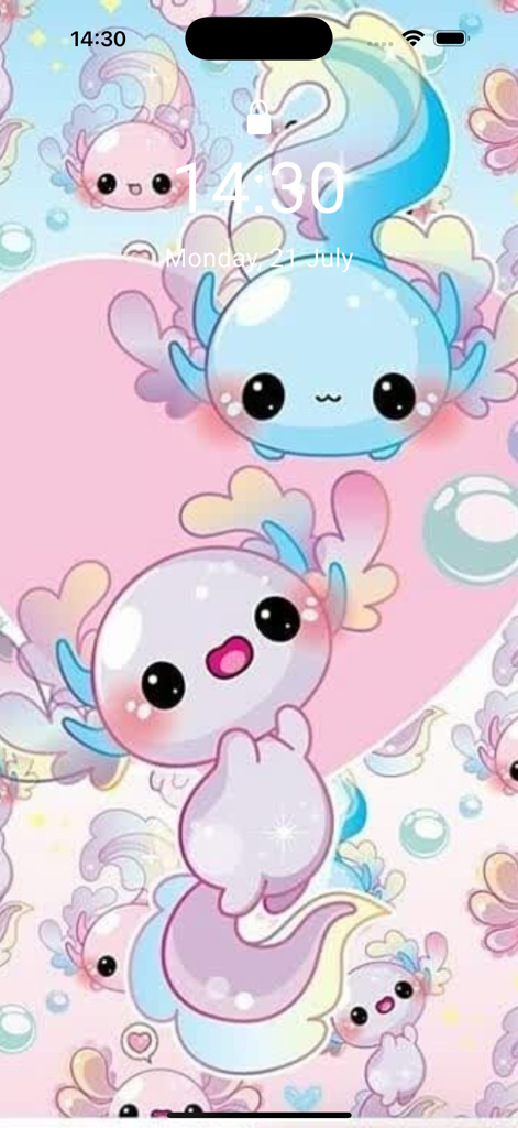A mobile phone lock screen featuring cute pastel cartoon axolotls and pink hearts