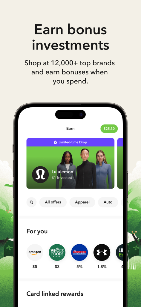 Acorns: Invest For Your Future - Acorns 앱 화면에 Lululemon 및 Amazon과 같은 최고 브랜드에서 쇼핑하여 얻은 보너스 투자 보상 표시