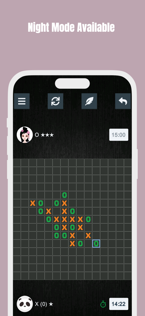 > Tic Tac Toe - Tic Tac Toe Five in a Row gameplay screen showing the night mode interface with a 15x15 grid and orange and green pieces