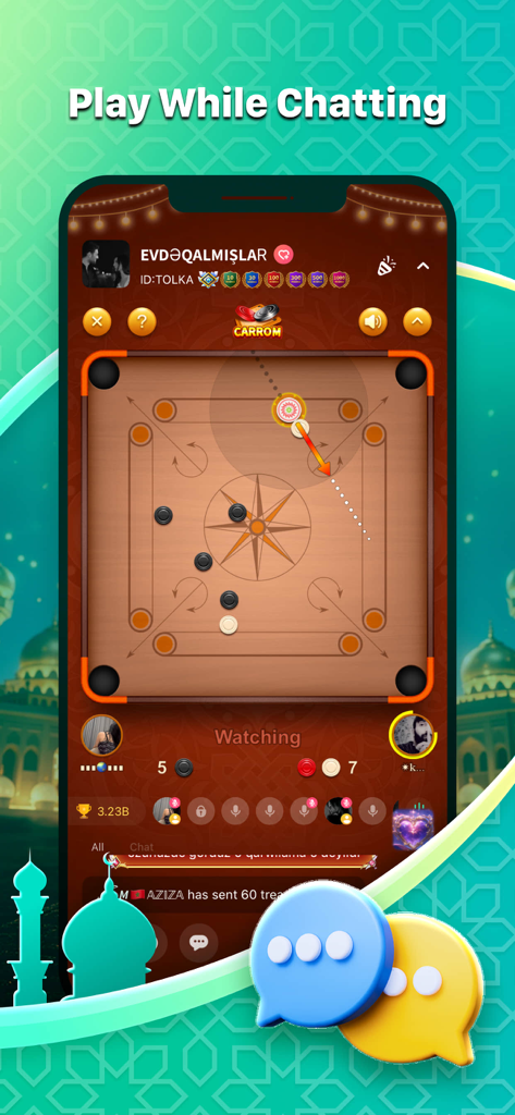 Interfaccia dell'app StarLite che mostra utenti che giocano a Carrom mentre partecipano a una stanza di chat vocale di gruppo.