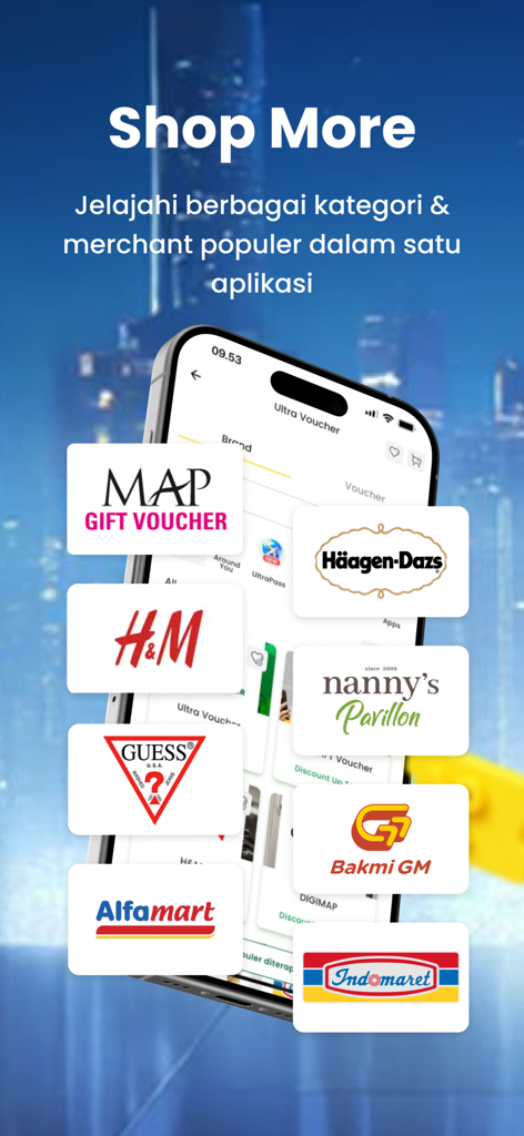 UltraVoucher: Diskon & UFood - UltraVoucher app display showing various merchant logos for shopping discounts and gift vouchers