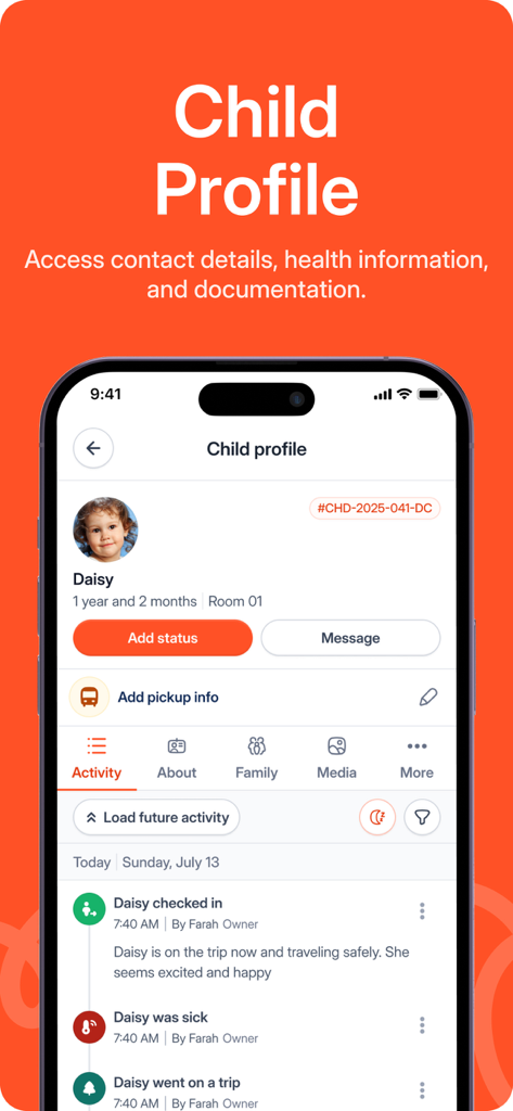 Parent: Child Care App - 活動ログと健康情報を表示するParent保育アプリの詳細な子供プロフィールダッシュボード