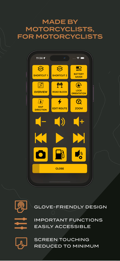 Scenic Motorcycle Navigation - A screenshot of the Scenic app showing its glove-friendly navigation control panel with large yellow buttons for easy access while riding.