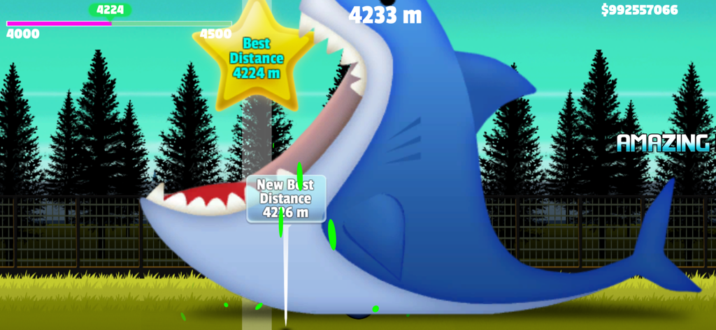 Tela de jogo mostrando um tubarão gigante em campo com uma nova melhor distância de 4226 metros em Baseball Flick Homerun Hit Fun.