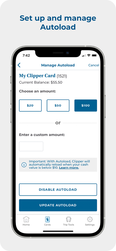 The Clipper Card app interface for setting up and managing automatic transit fund reloads