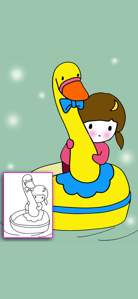 Bejoy Coloring: Sweet Doll - Colored illustration of a girl in a yellow swan boat next to its original line art sketch