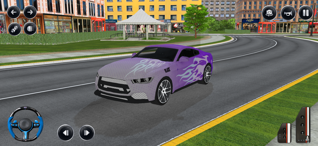 US Car Driving Games Simulator - A purple sports car with flame graphics driving through a city in the US Car Driving Games Simulator.
