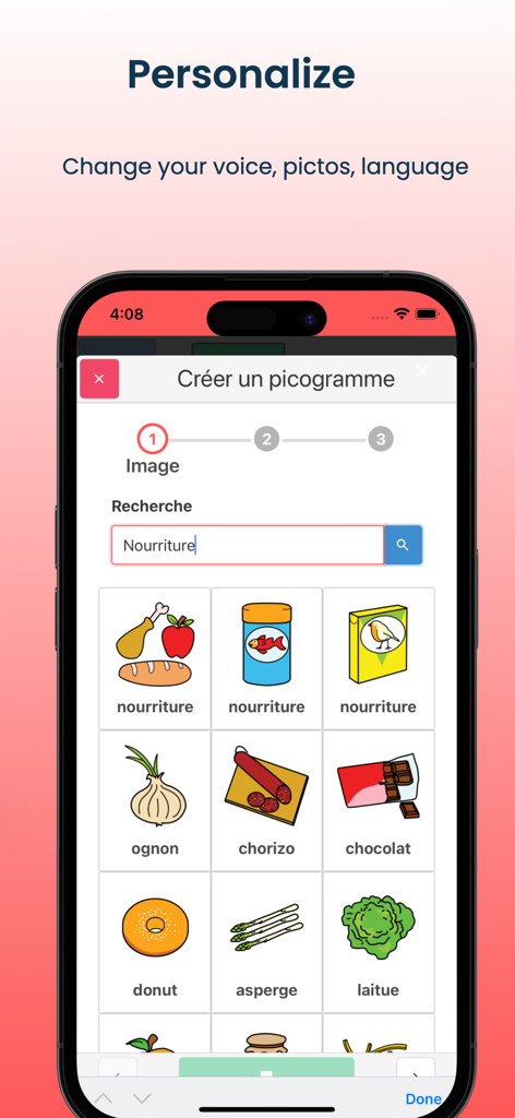 Pictalk AAC - Screenshot of Pictalk AAC app showing the interface to personalize and create food pictograms like chocolate and lettuce