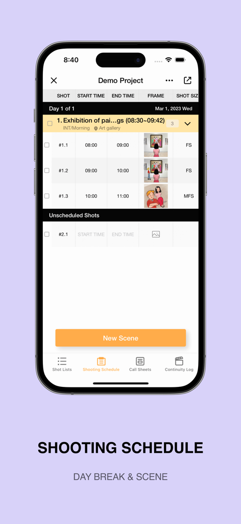 iPhone screen showing the shooting schedule feature of the Previs Shot app with scenes and shot timings