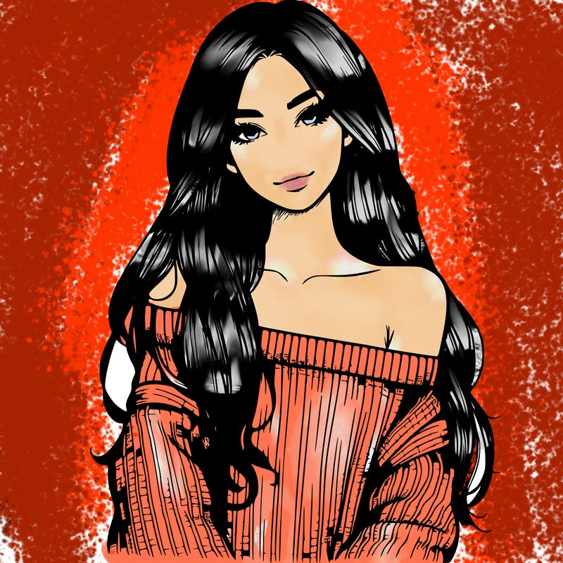 realistic girl with long hair wearing an off the shoulder sweater