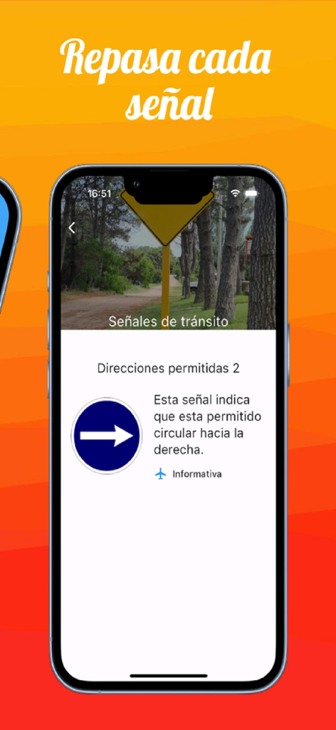 Señales de Transito - Señales de TránsitoアプリのiPhoneスクリーンショット。右折標識の意味がスペイン語で表示されています。