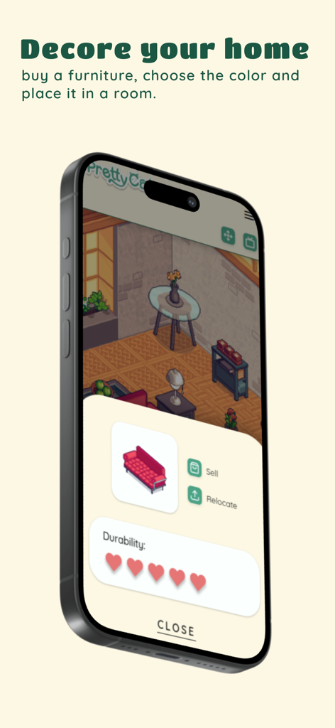 PrettyCat: couple game - Interface of PrettyCat app showing furniture customization and home decoration options