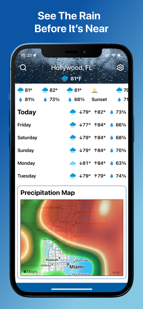Weather app screen showing a daily forecast list and a colorful precipitation radar map of Florida