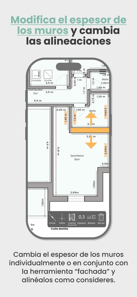 di-mo - Mobile interface of the di-mo app showing a 2D floor plan with tools to adjust wall thickness and alignment
