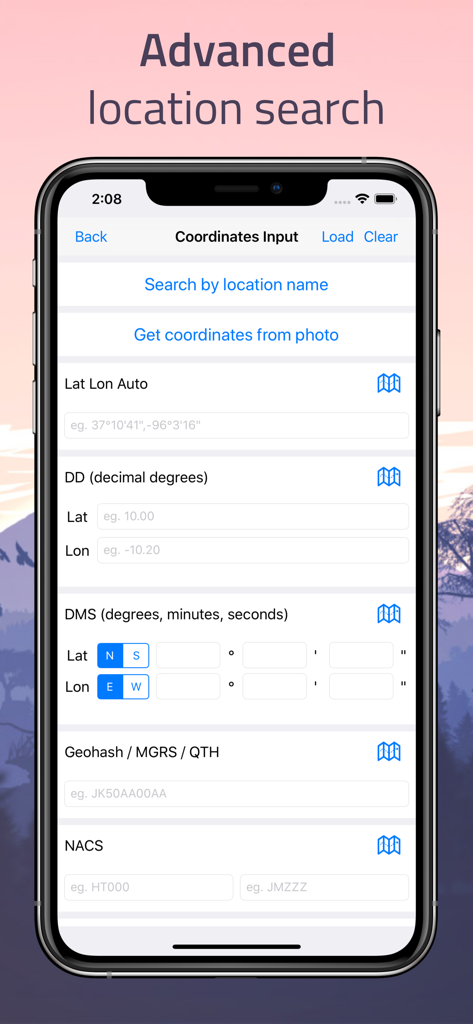 Distance - Find My Distance - Advanced location search screen showing various coordinate input formats like decimal degrees and DMS