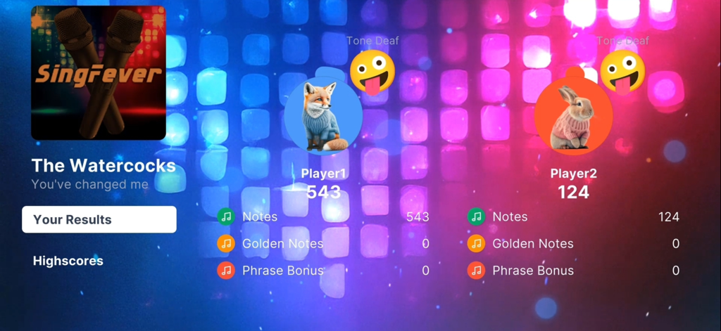 SingFever - Your Sing Game - Results screen from SingFever karaoke game comparing scores and animal avatars of two players