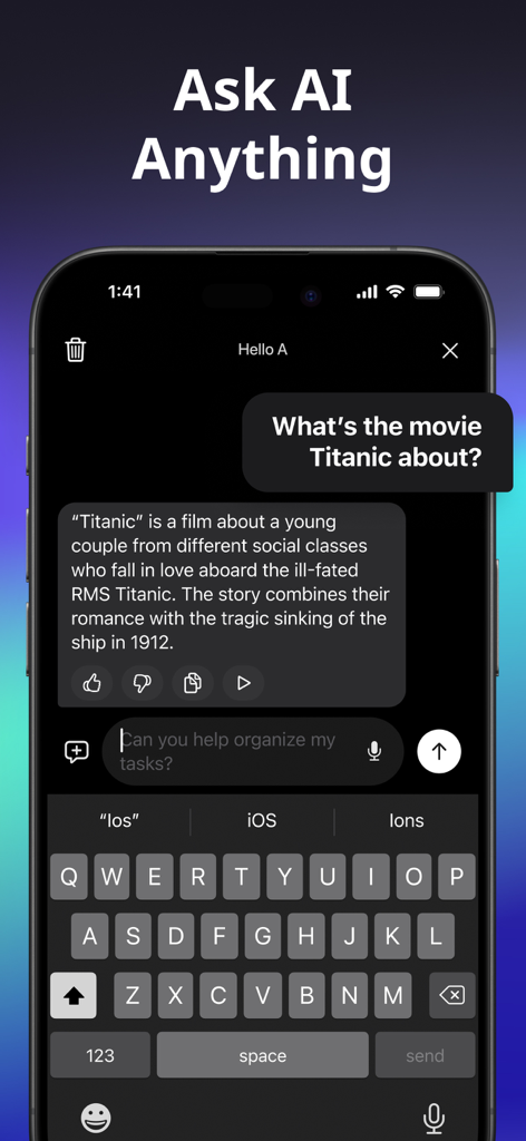 Hello AI app interface showing a chatbot response to a movie summary request on a smartphone