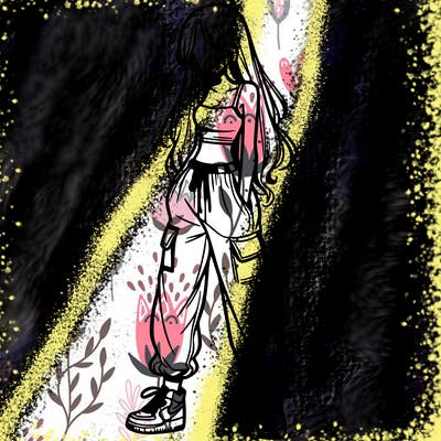 girl in baggy pants crop top and long hair