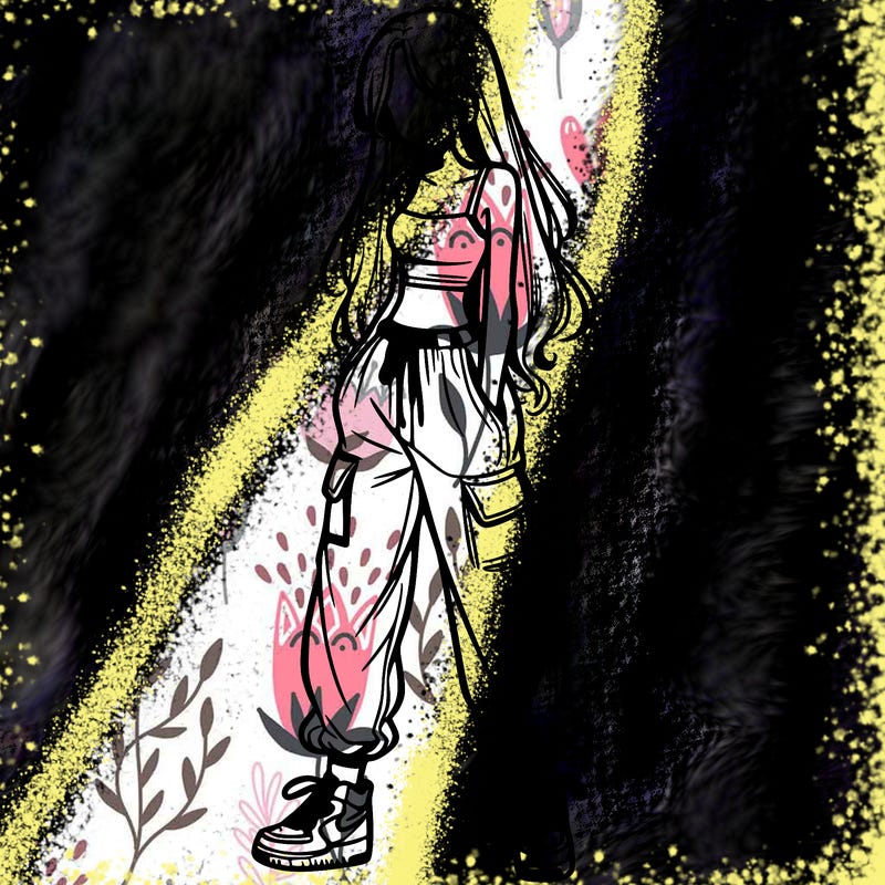 girl in baggy pants crop top and long hair