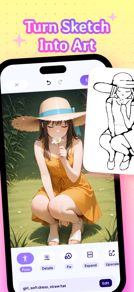 Anime AI Art Generator. - A mobile app interface demonstrating how a hand-drawn sketch is transformed into a colorful anime girl illustration using AI.