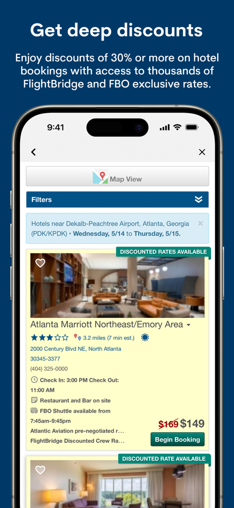 FlightBridge app screen showing discounted hotel rates for private aviation crews near DeKalb-Peachtree Airport in Atlanta.