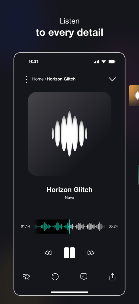 Musive: For Music Artists - Mobile interface of the Musive app showing a music player with lossless playback for professional artists.