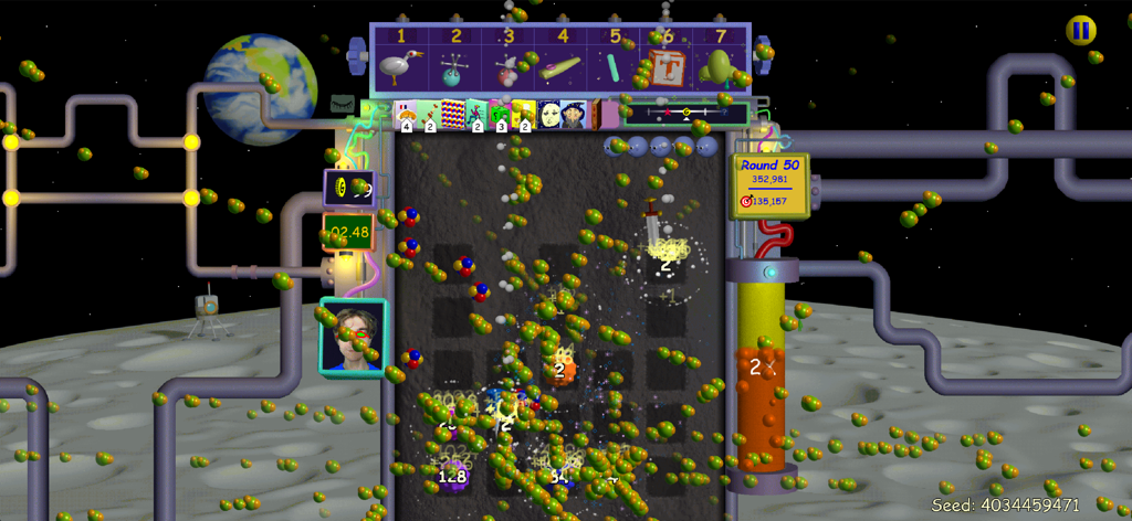 Nubby's Number Factory - Gameplay of Nubbys Number Factory showing plinko mechanics and high scores in a space setting