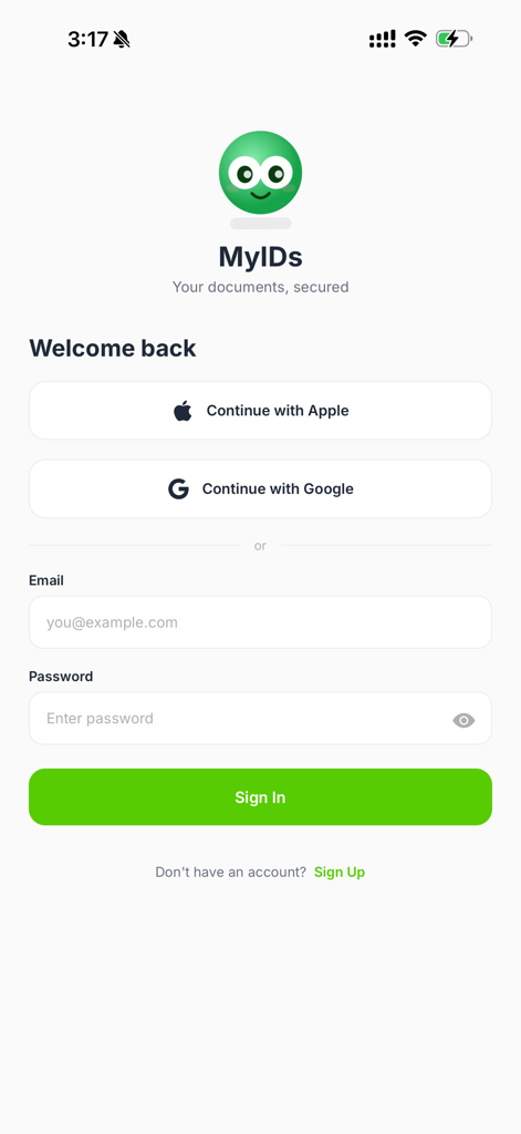 MyIDs login screen featuring sign in options for Apple and Google
