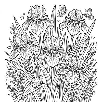 Immerse yourself in the beauty of spring with this delightful coloring page featuring stunning Louisiana Irises. Discover a charming garden scene complete with a friendly frog and delicate butterflies, perfect for a relaxing creative escape.
