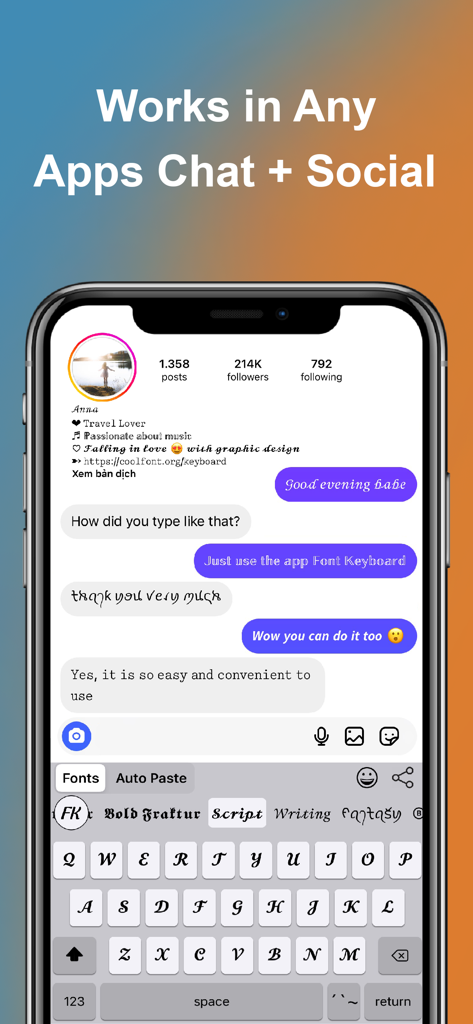 Font Keyboard - Auto Paste - Custom font keyboard being used for stylized messaging in a social media chat interface