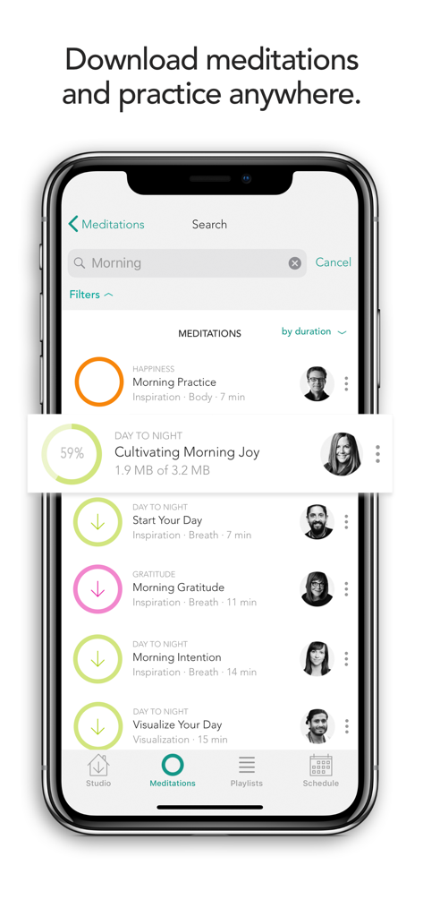 Smartphone screen of Meditation Studio app showing a list of morning meditations and a download in progress.