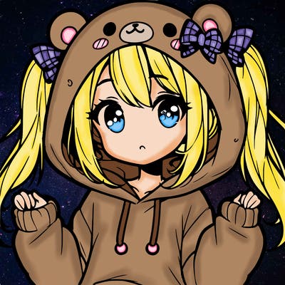 cute anime girl with ponytails and a cute bear hoodie