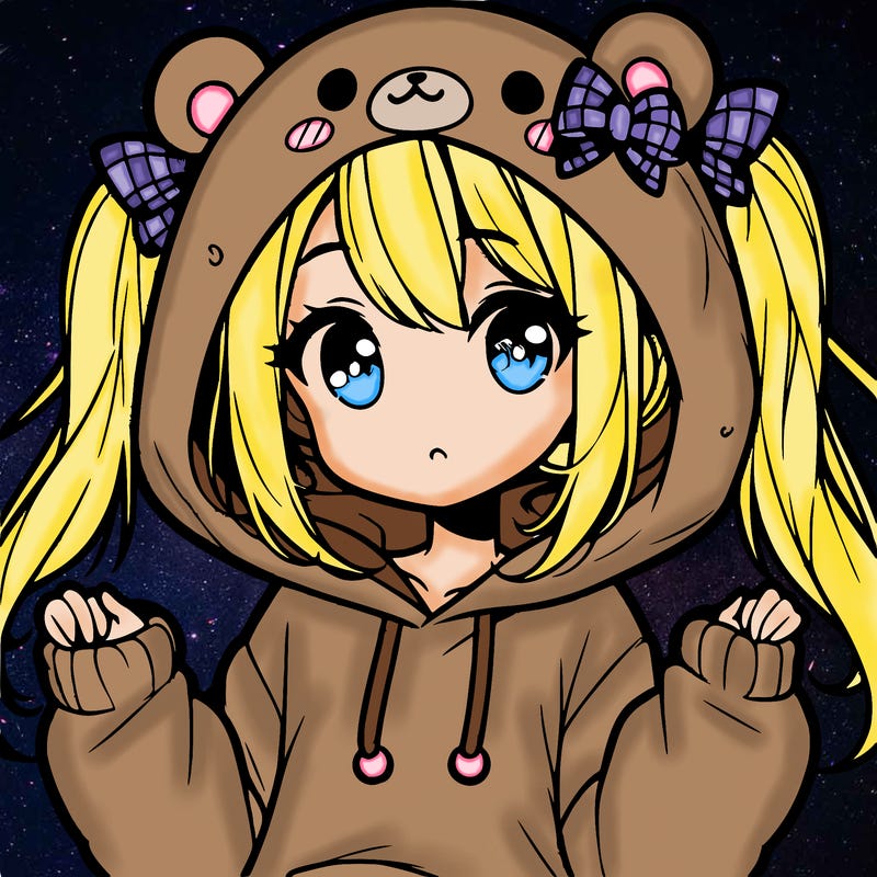cute anime girl with ponytails and a cute bear hoodie