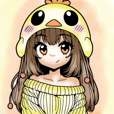 anime girl with chick shaped hat with sweater with bare shoulders with bangs covering them one eye with low tail