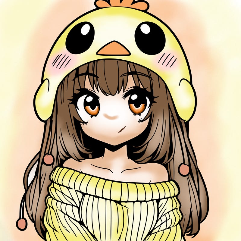anime girl with chick shaped hat with sweater with bare shoulders with bangs covering them one eye with low tail