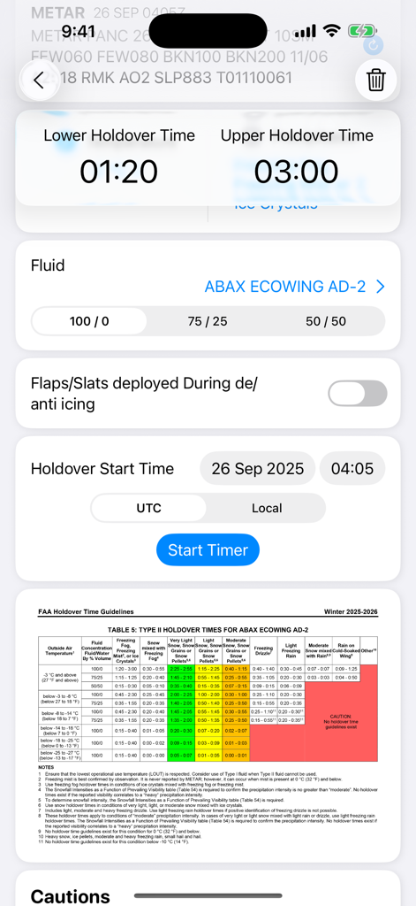 Aircrew Logbook - Calculadora de tiempo de retención de antihielo de la aplicación Aircrew Logbook con una tabla de directrices de la FAA para pilotos