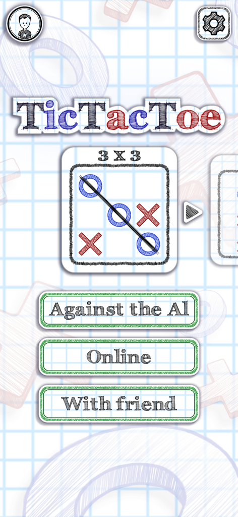 Menú principal de la aplicación Tic Tac Toe 2 Online con tema de boceto de cuaderno que muestra opciones de juego contra IA, en línea y multijugador