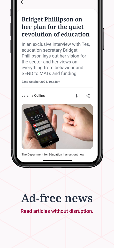 Interface do aplicativo Tes Magazine mostrando um artigo sem anúncios sobre política educacional