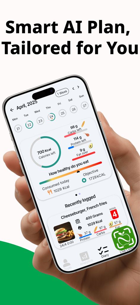 Smartphone screen showing the Live Longer app AI calorie and macro tracking dashboard