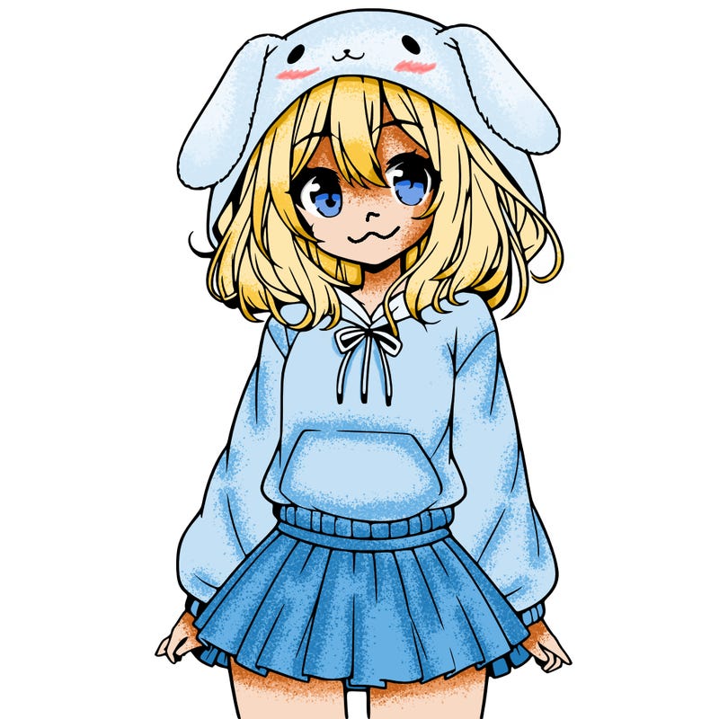 pretty anime girl wearing a fluffy hoodie with bunny ears on the hood and a skirt