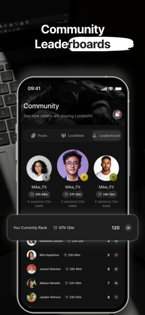 The LockedIN Mindset - Community leaderboard screen in The LockedIN Mindset app displaying user rankings and mental focus session times.