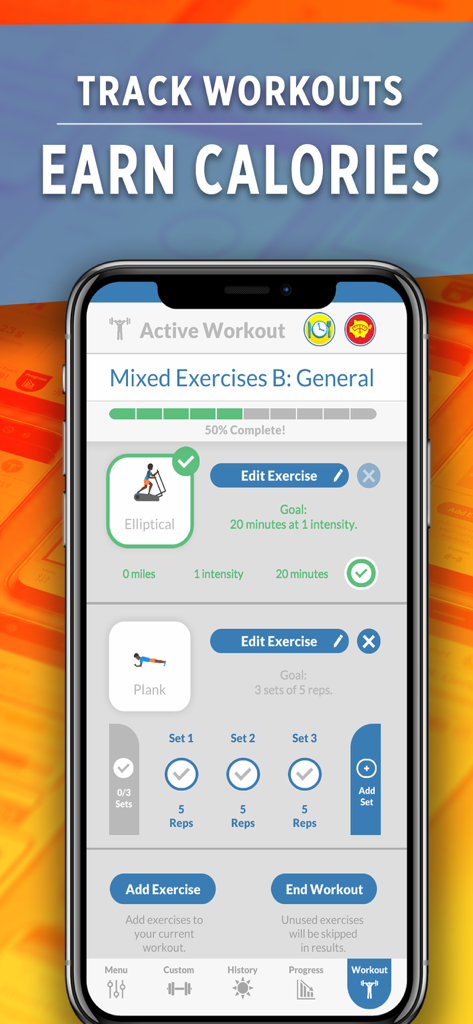 Workout tracking interface in the Stupid Simple Keto app showing exercises and progress to earn calories.