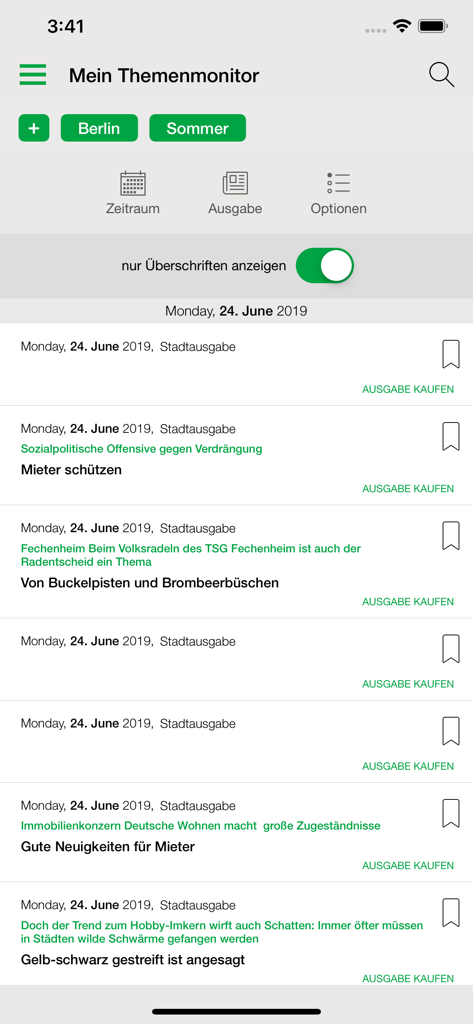 FR Digitale Zeitung - Digital interface of the Frankfurter Rundschau app displaying the personalized topic monitor with news headlines
