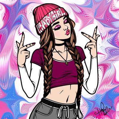 realistic teenage girl with braids and a beanie and crop top doing 🫶🏼