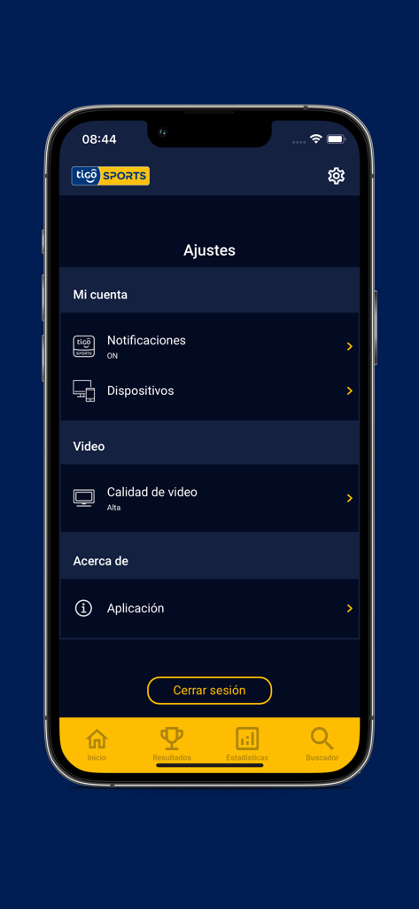 Tigo Sports El Salvador - Interfaz de configuración de la aplicación Tigo Sports El Salvador que muestra las opciones de cuenta y calidad de video en español.